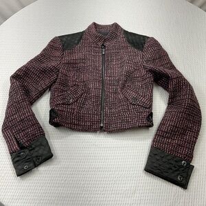 bebe Burgundy Tweed Cropped Jacket with Black Quilted Accents